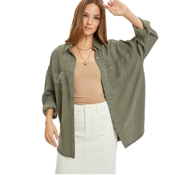 Risen Los Angeles Olive Green Oversized Tencel Shirt Womens 2XL Button Up Blouse - Picture 10 of 10